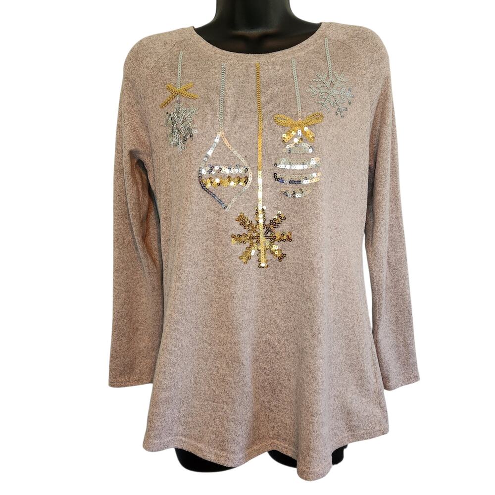 Merry Wear Christmas holiday top sequined ornaments cream heather size S